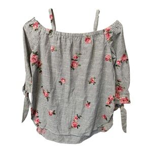 Soprano Blue White Stripe Floral Embroidered Cold Shoulder Top 100% Cotton